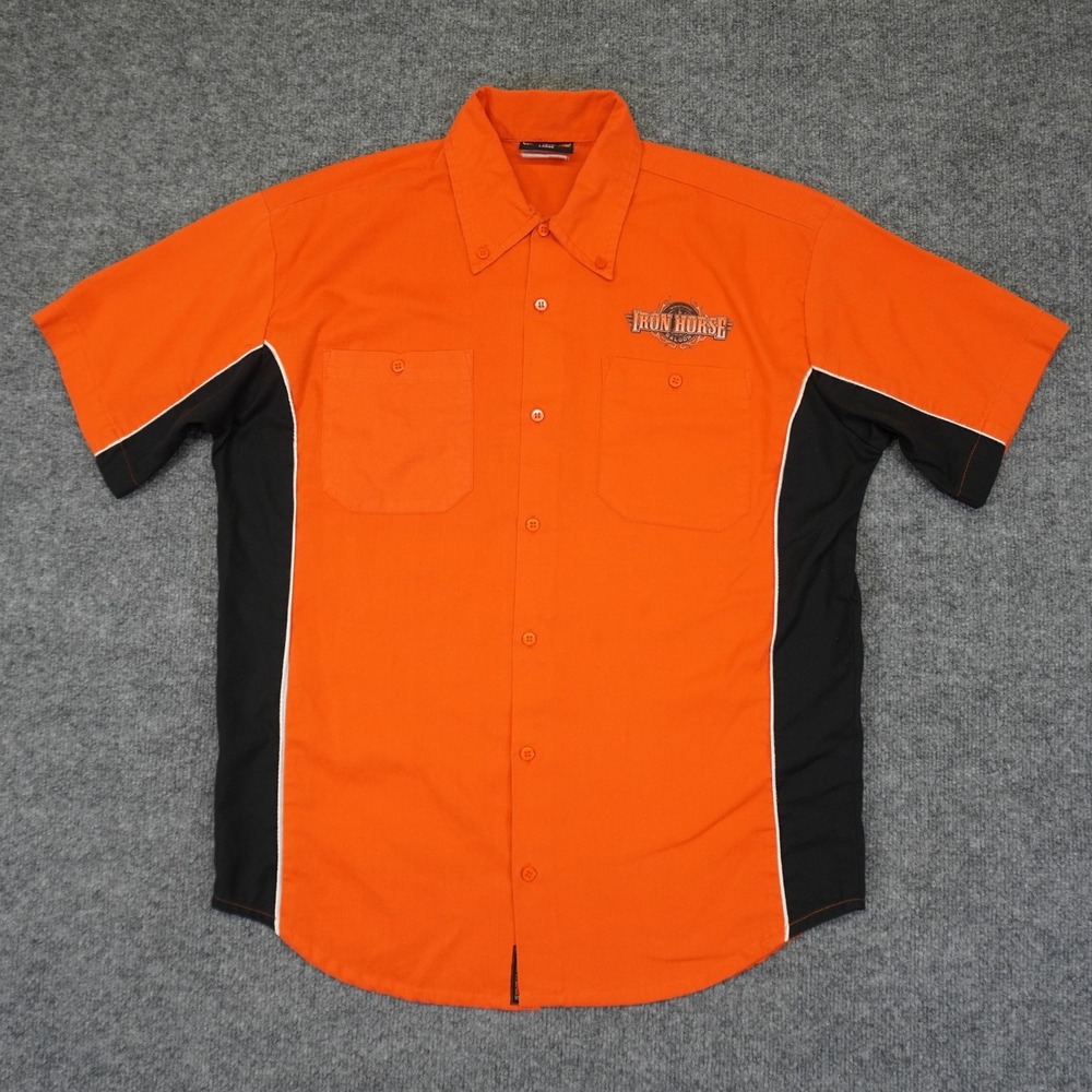Iron Horse Saloon Biker Wear Shirt Men Large Orange Short Sleeve Button Mechanic - Picture 2 of 9